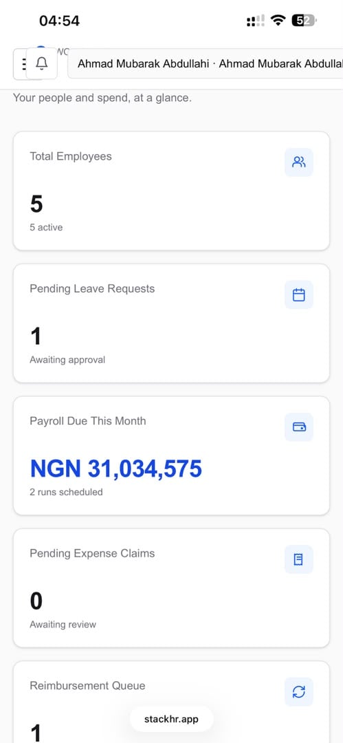 StackHR dashboard showing employee count, pending leave requests, and payroll due this month